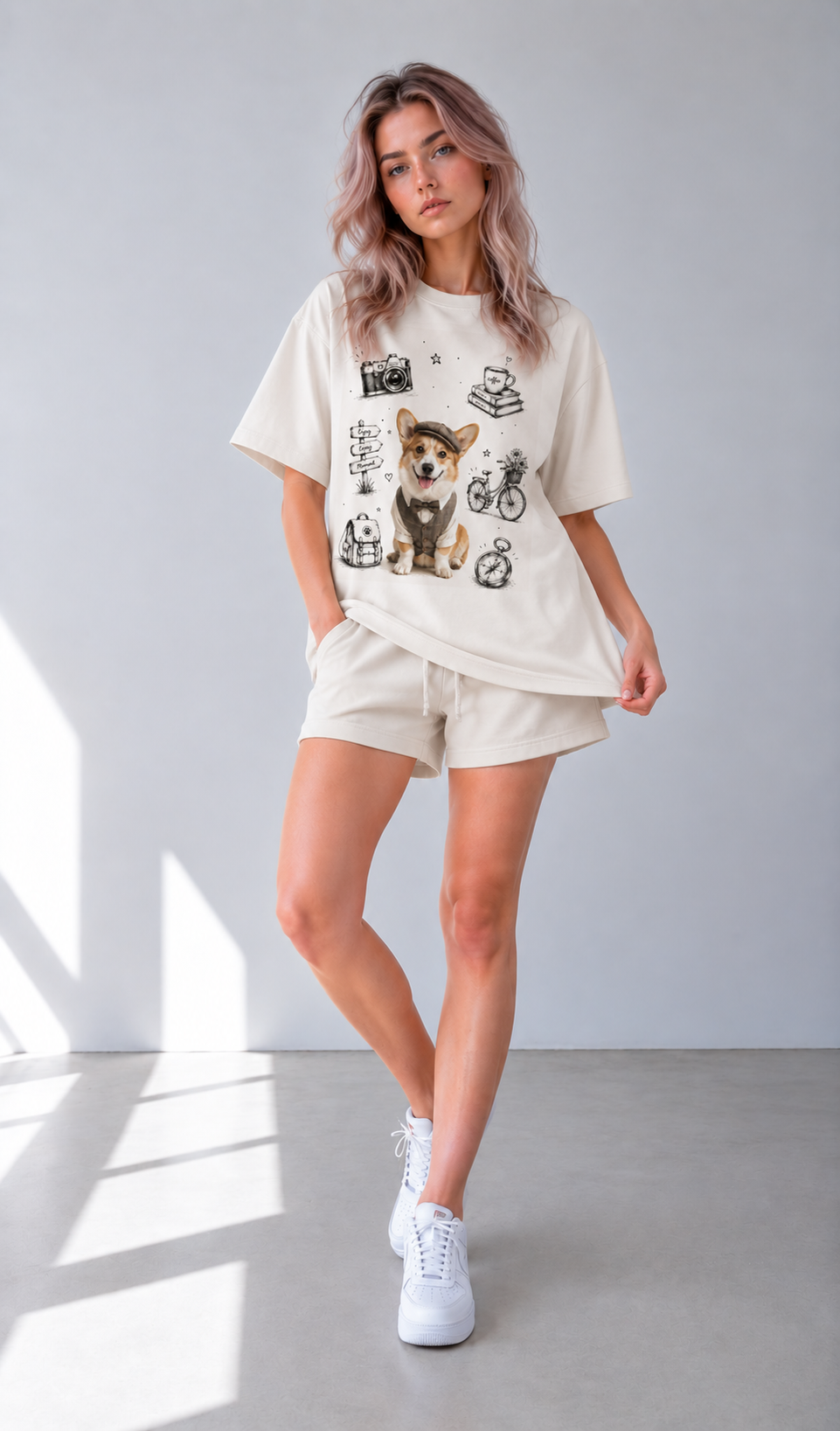 Sorona-Baumwollmisch-T-Shirt — Apricot-Essential mit überschnittenen Schultern