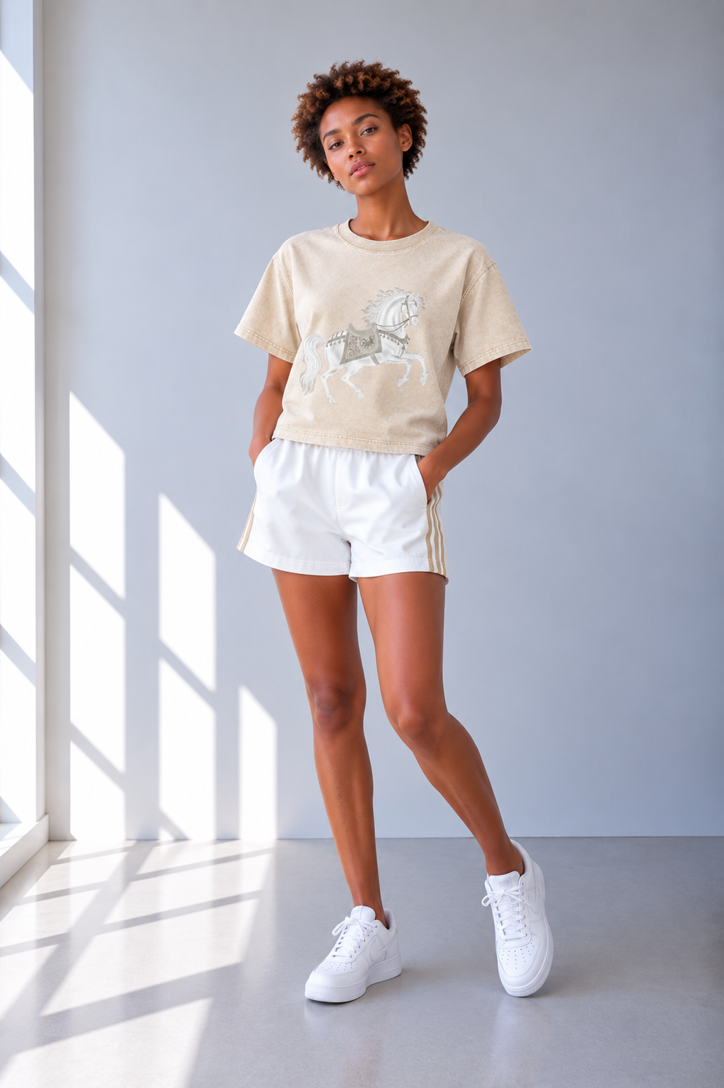 Snow Wash Boxy Cotton T-Shirt — Light Apricot Cropped Fit