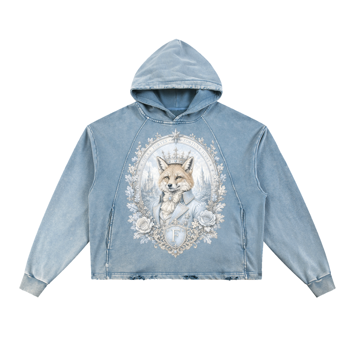 Blue Vintage-Washed Hoodie — Frayed-Hem Retro Streetwear