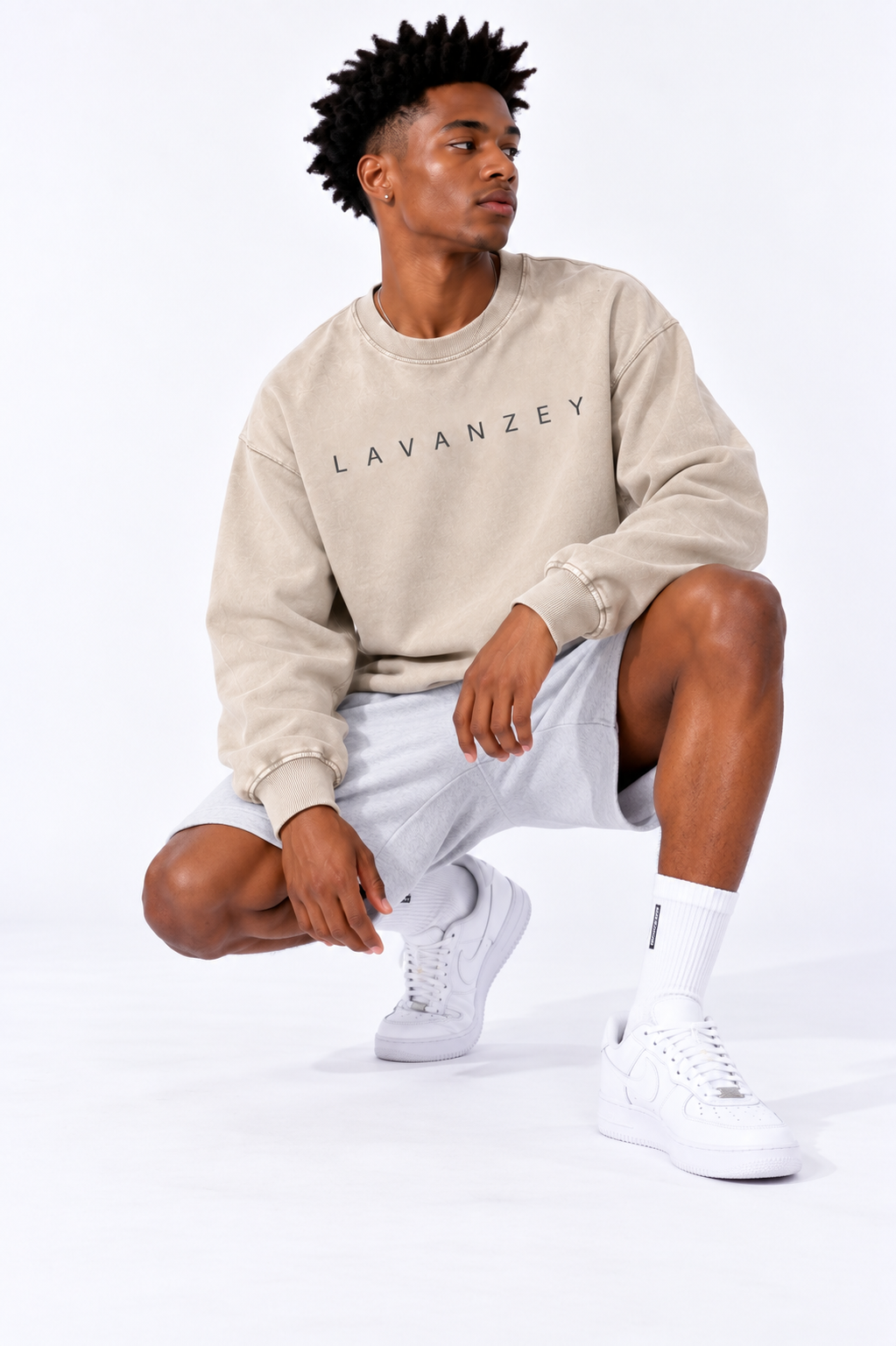 Snow Washed Oversized Sweatshirt — Unisex Drop Shoulder Cotton Crewneck, Light Apricot