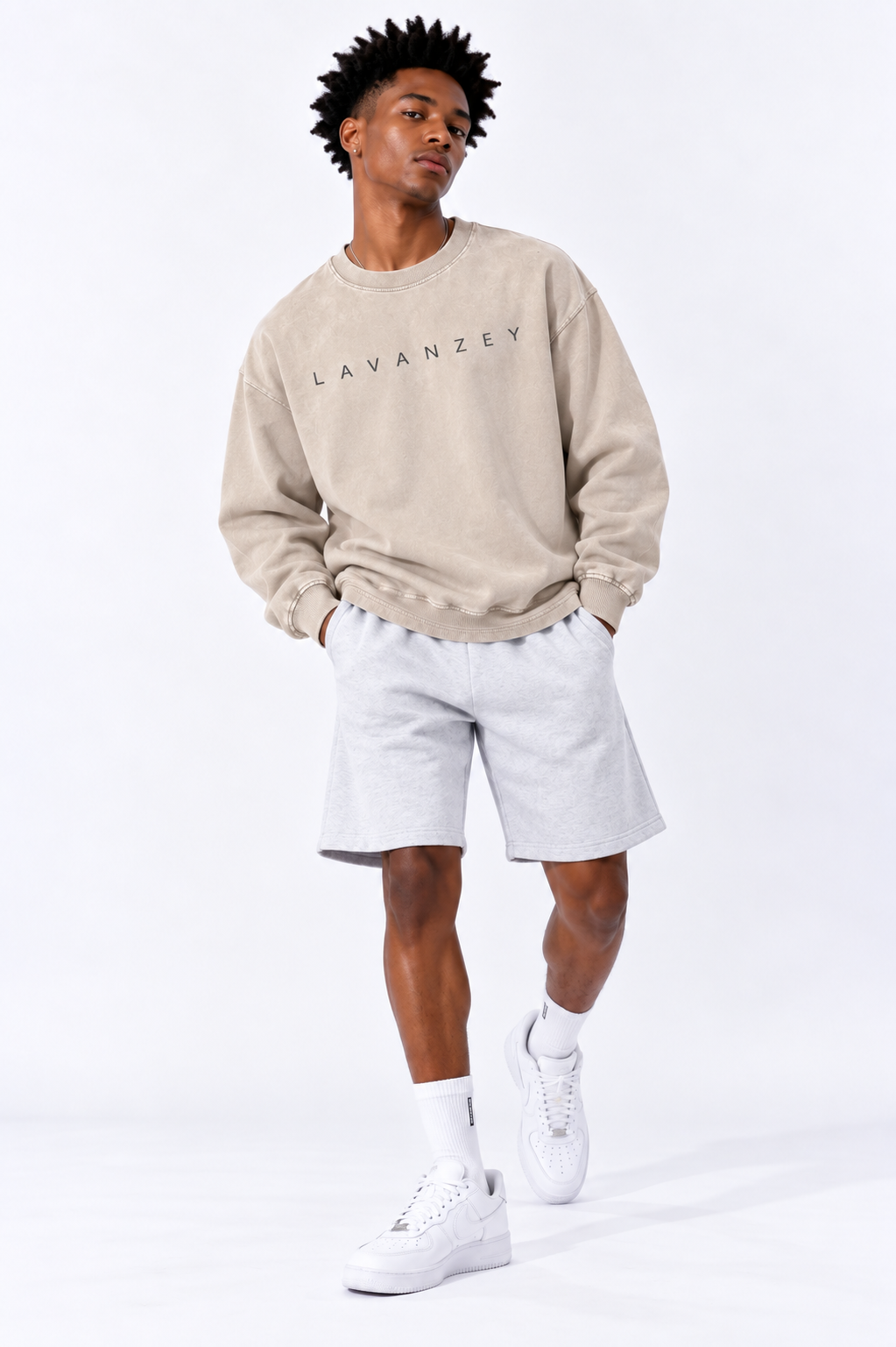 Snow Washed Oversized Sweatshirt — Unisex Drop Shoulder Cotton Crewneck, Light Apricot