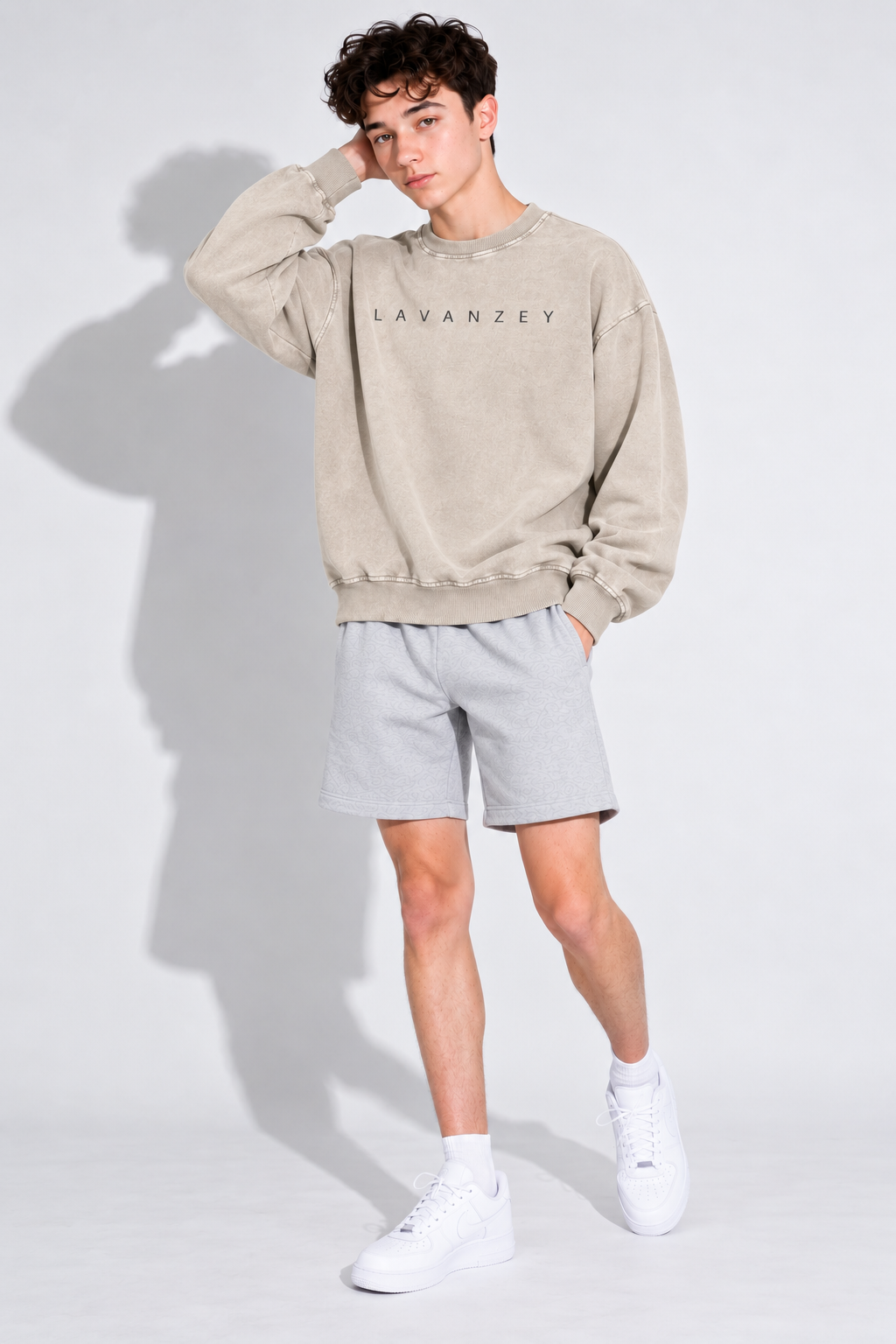 Snow Washed Oversized Sweatshirt — Unisex Drop Shoulder Cotton Crewneck, Light Apricot