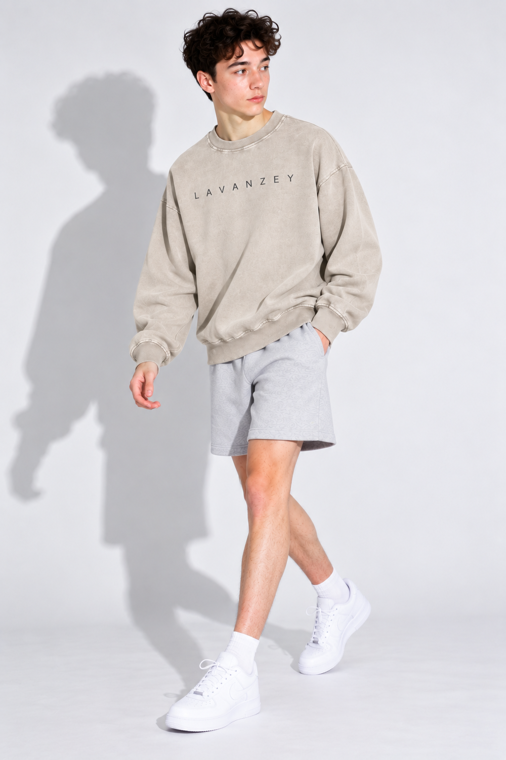 Snow Washed Oversized Sweatshirt — Unisex Drop Shoulder Cotton Crewneck, Light Apricot