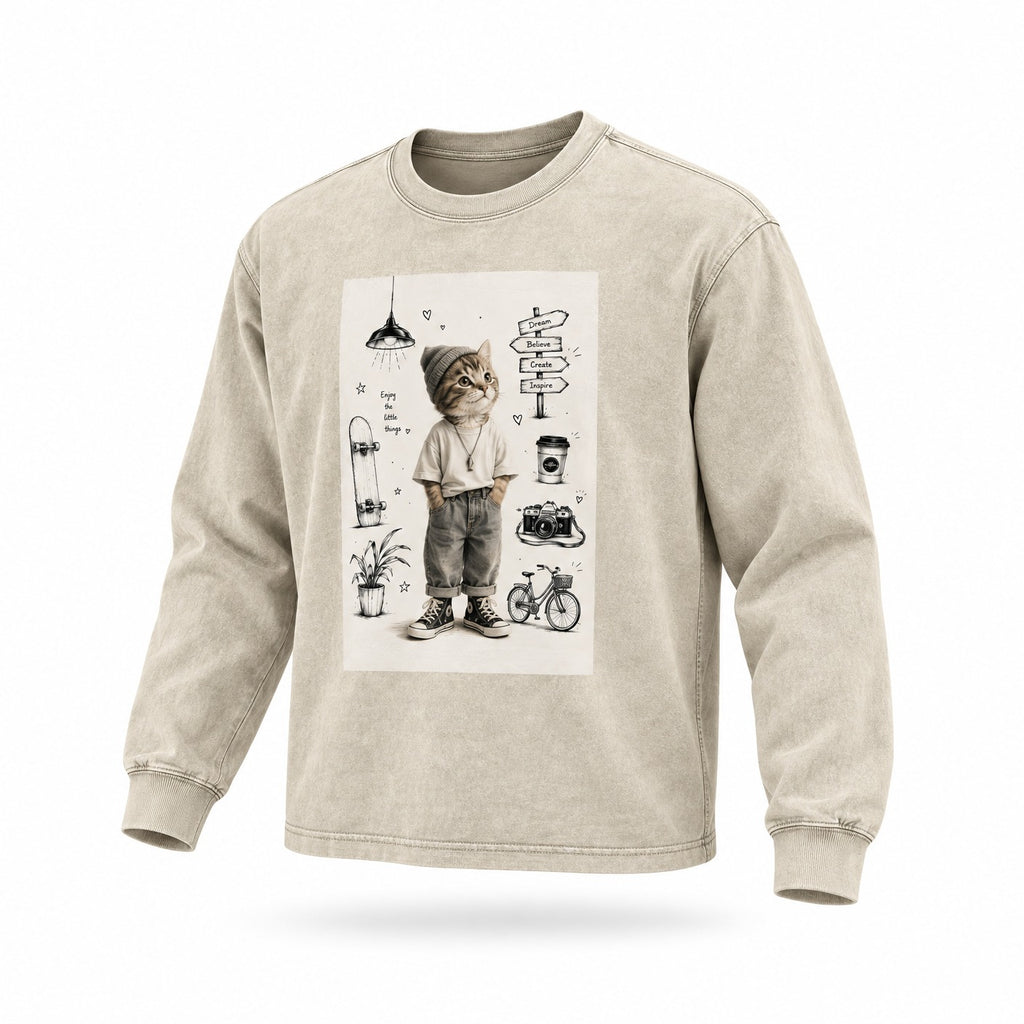 T-shirt à manches longues effet délavé neige — Coupe ajustée bord effiloché abricot clair