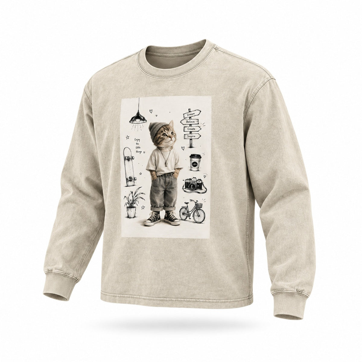 T-shirt à manches longues effet délavé neige — Coupe ajustée bord effiloché abricot clair