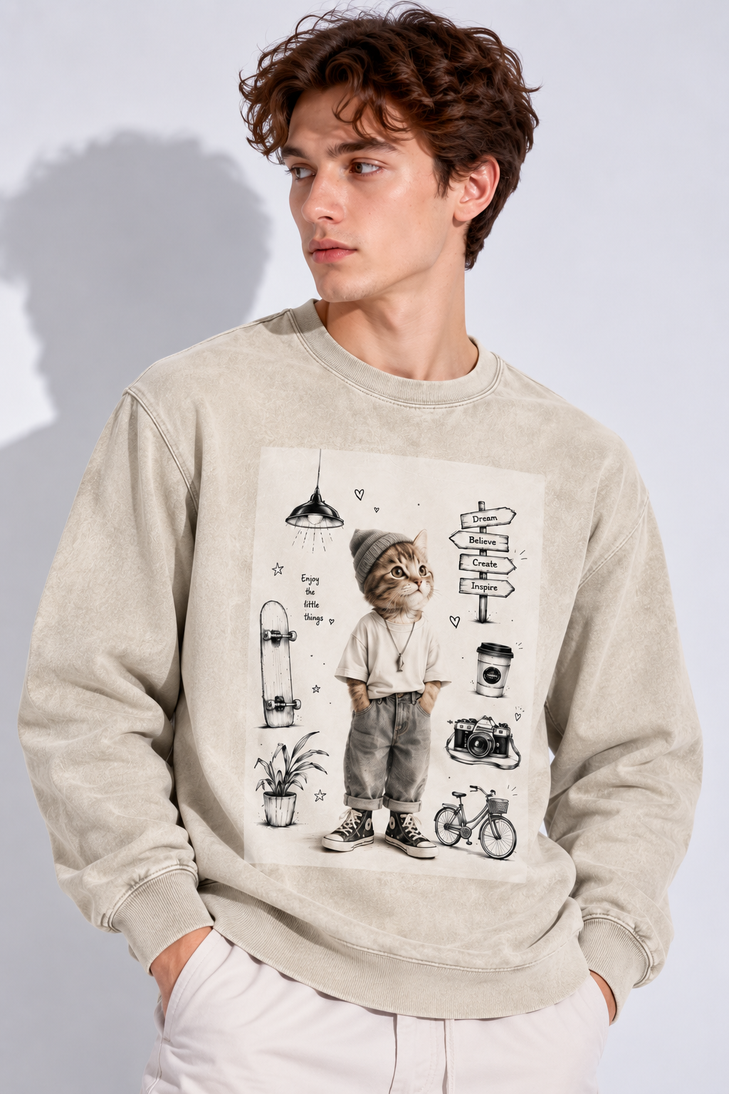 Snow-Washed Langarm-T-Shirt — Hellaprikot, angeraute Kanten, figurbetont