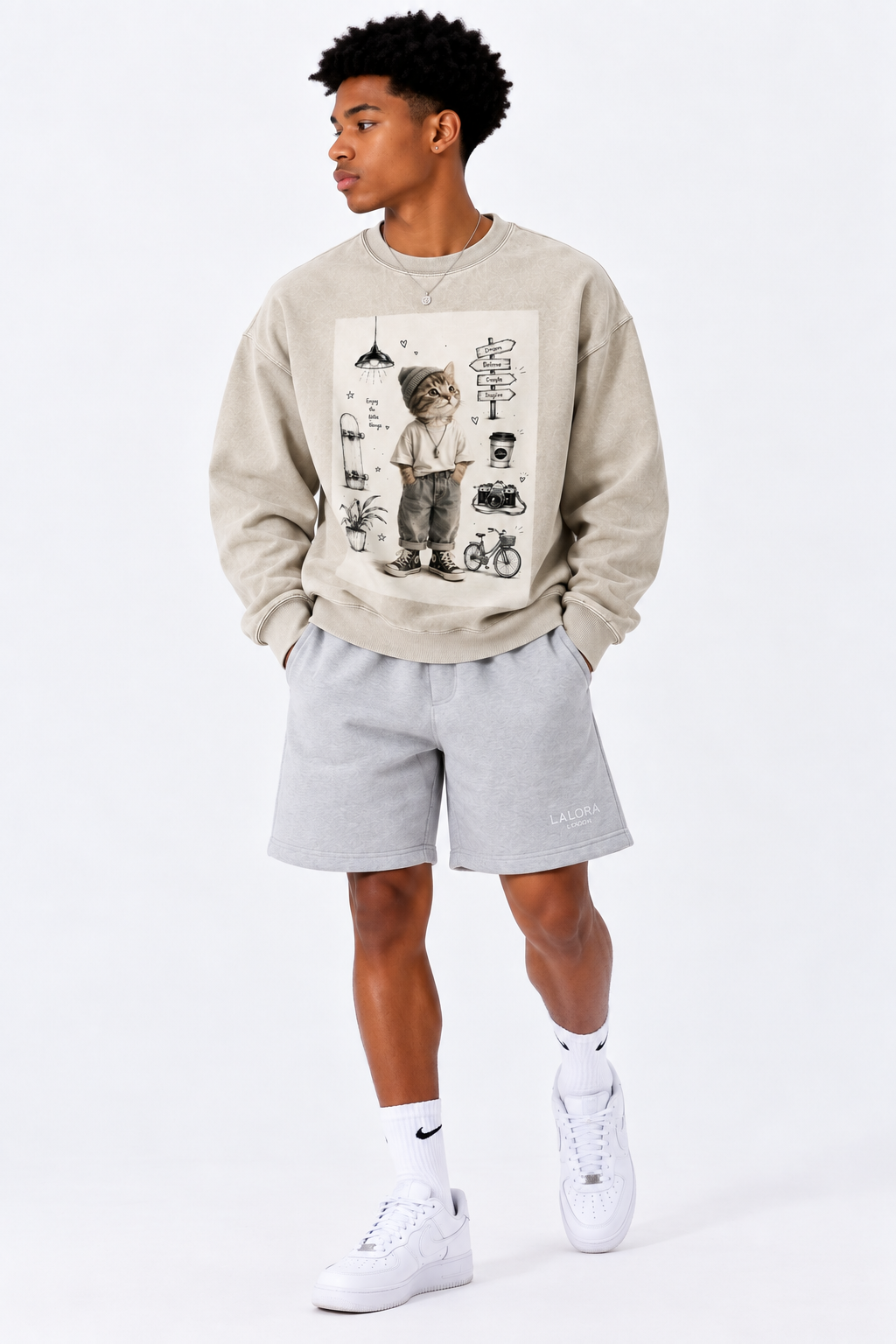 T-shirt à manches longues effet délavé neige — Coupe ajustée bord effiloché abricot clair