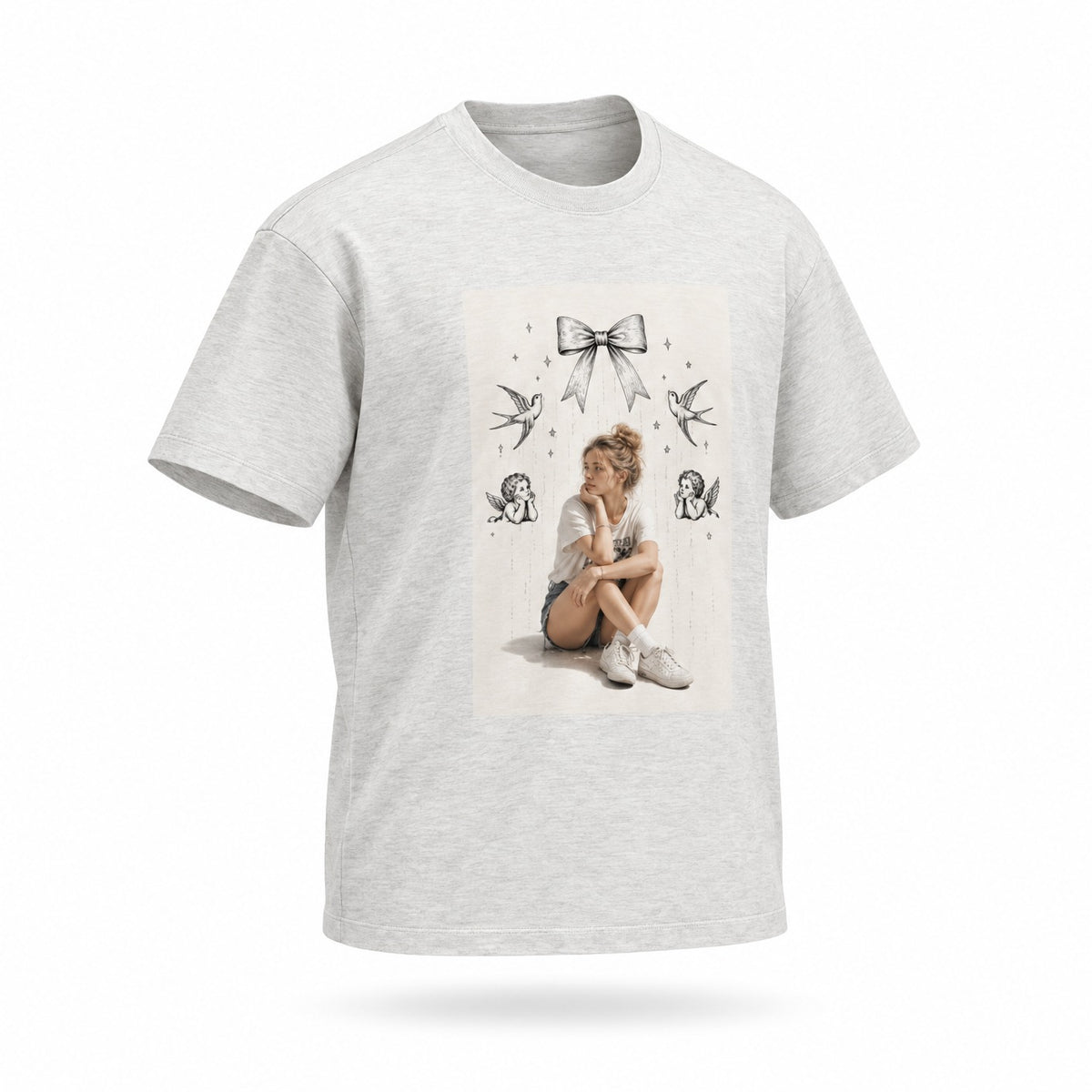 T-Shirt aus angerauter Baumwolle — Hafergrau, Unisex, lockere Passform