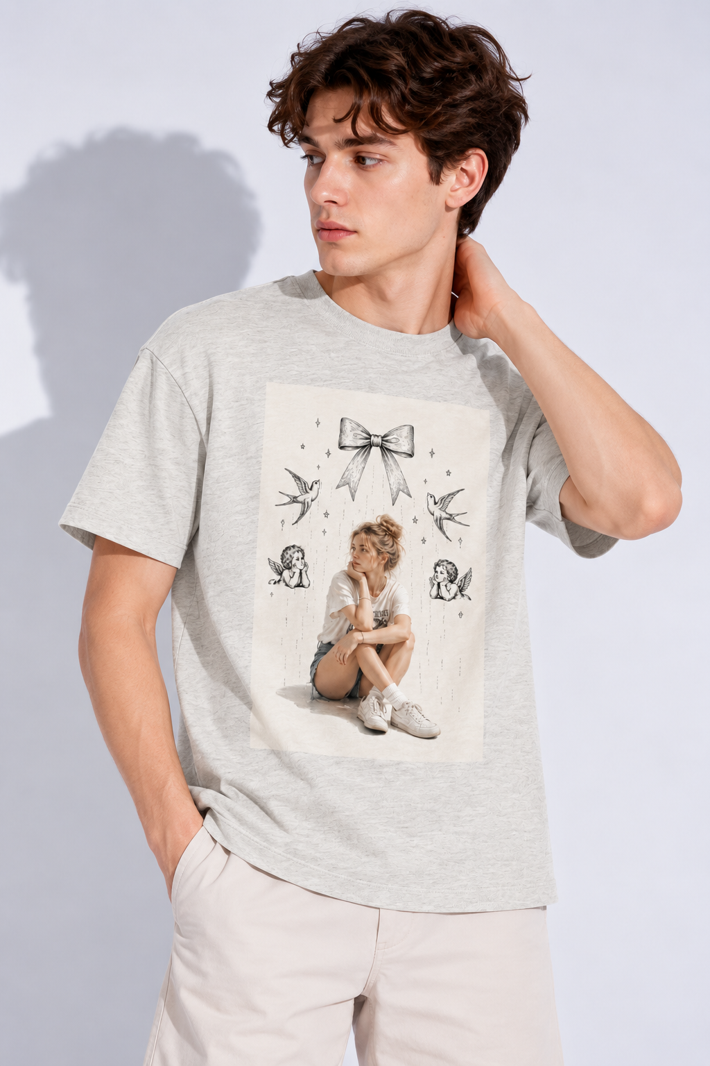 T-shirt en coton effet daim — Gris avoine, coupe décontractée unisexe