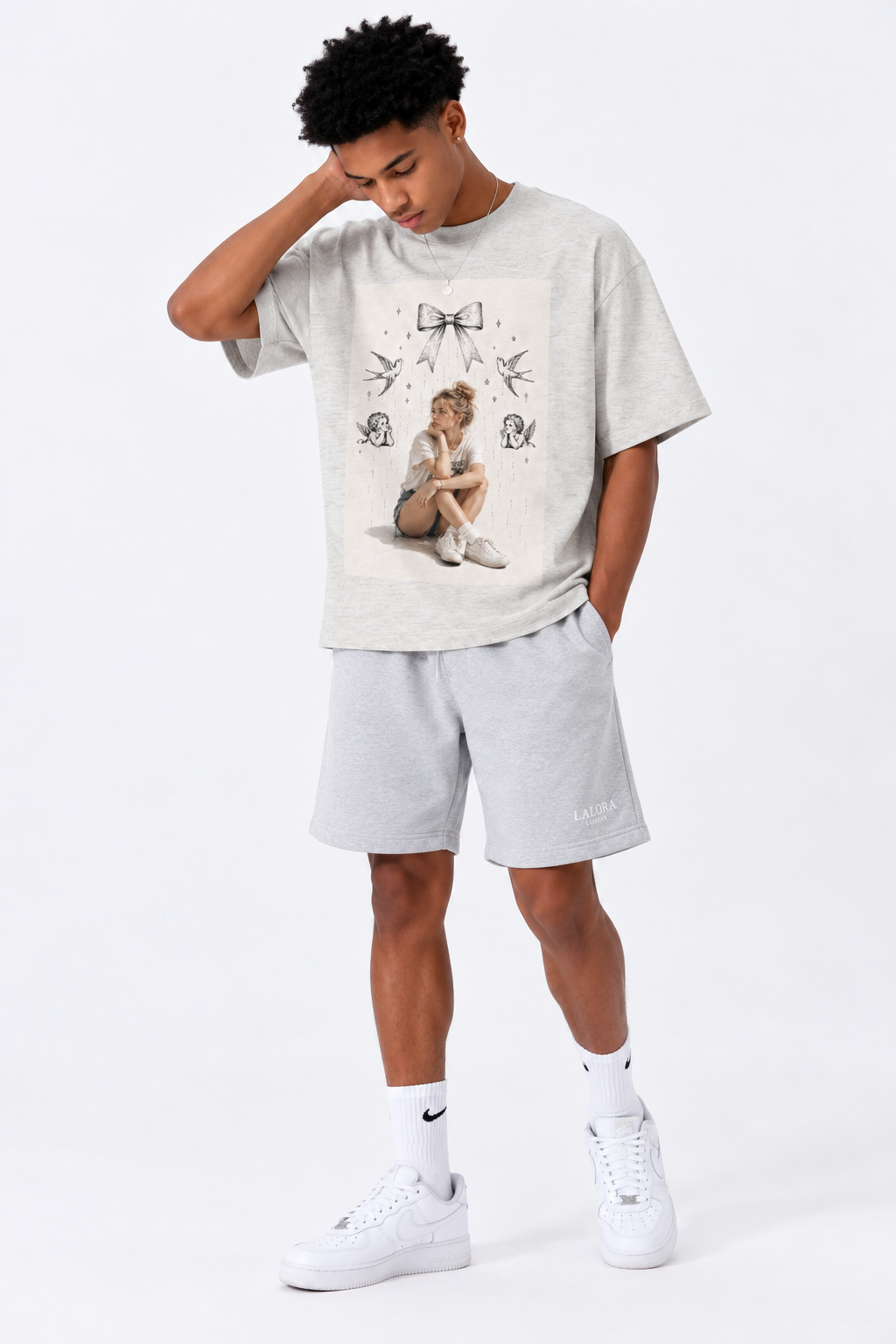 T-shirt en coton effet daim — Gris avoine, coupe décontractée unisexe