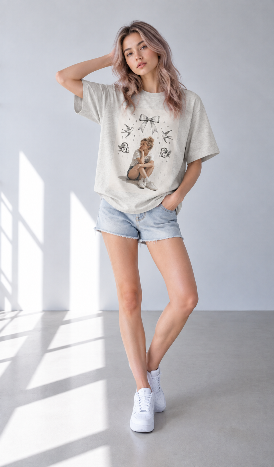 T-Shirt aus angerauter Baumwolle — Hafergrau, Unisex, lockere Passform