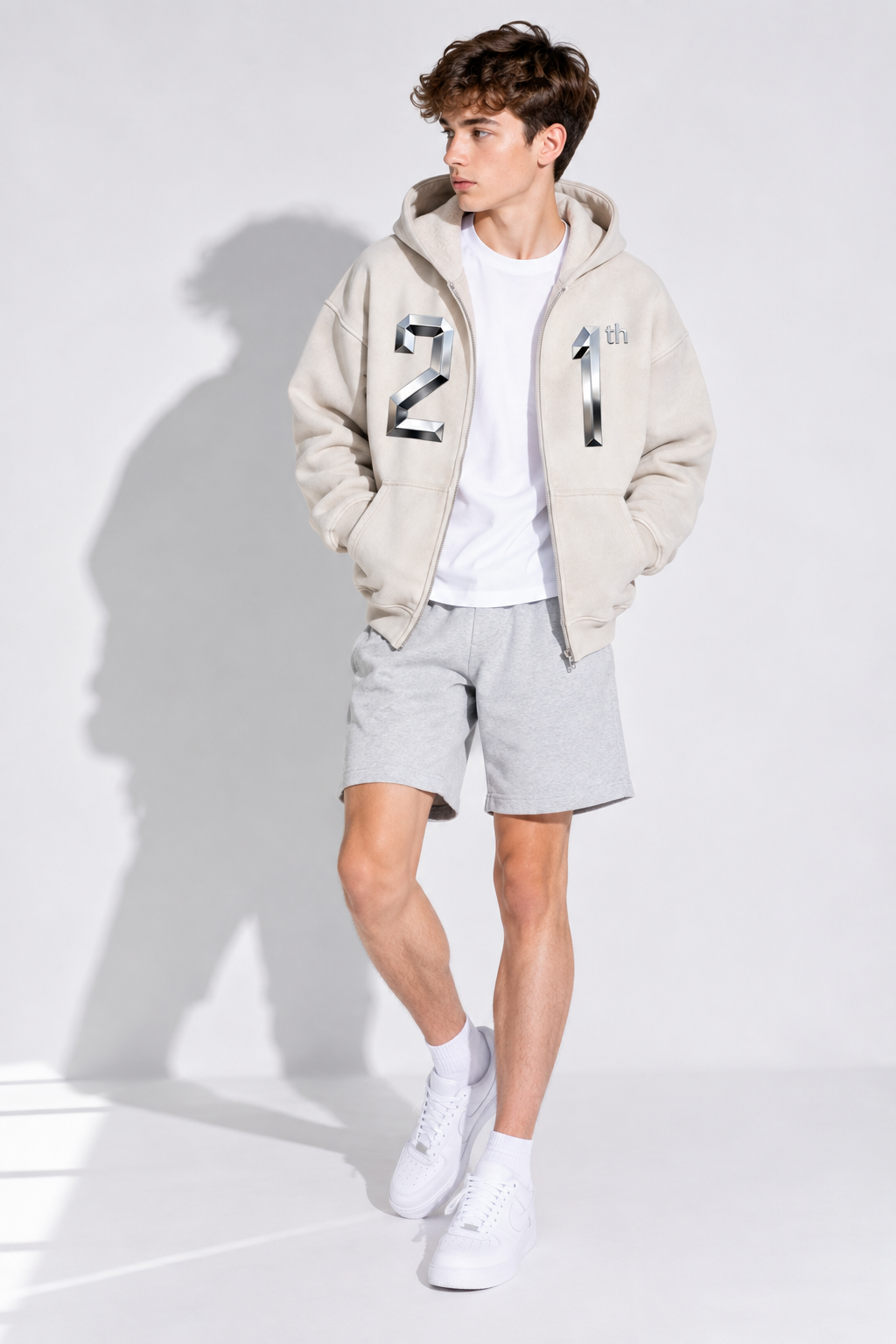 Sweat à capuche boxy zippé en polaire — Coupe délavée unisexe Abricot doux
