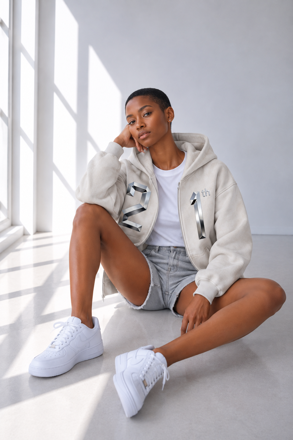 Sweat à capuche boxy zippé en polaire — Coupe délavée unisexe Abricot doux
