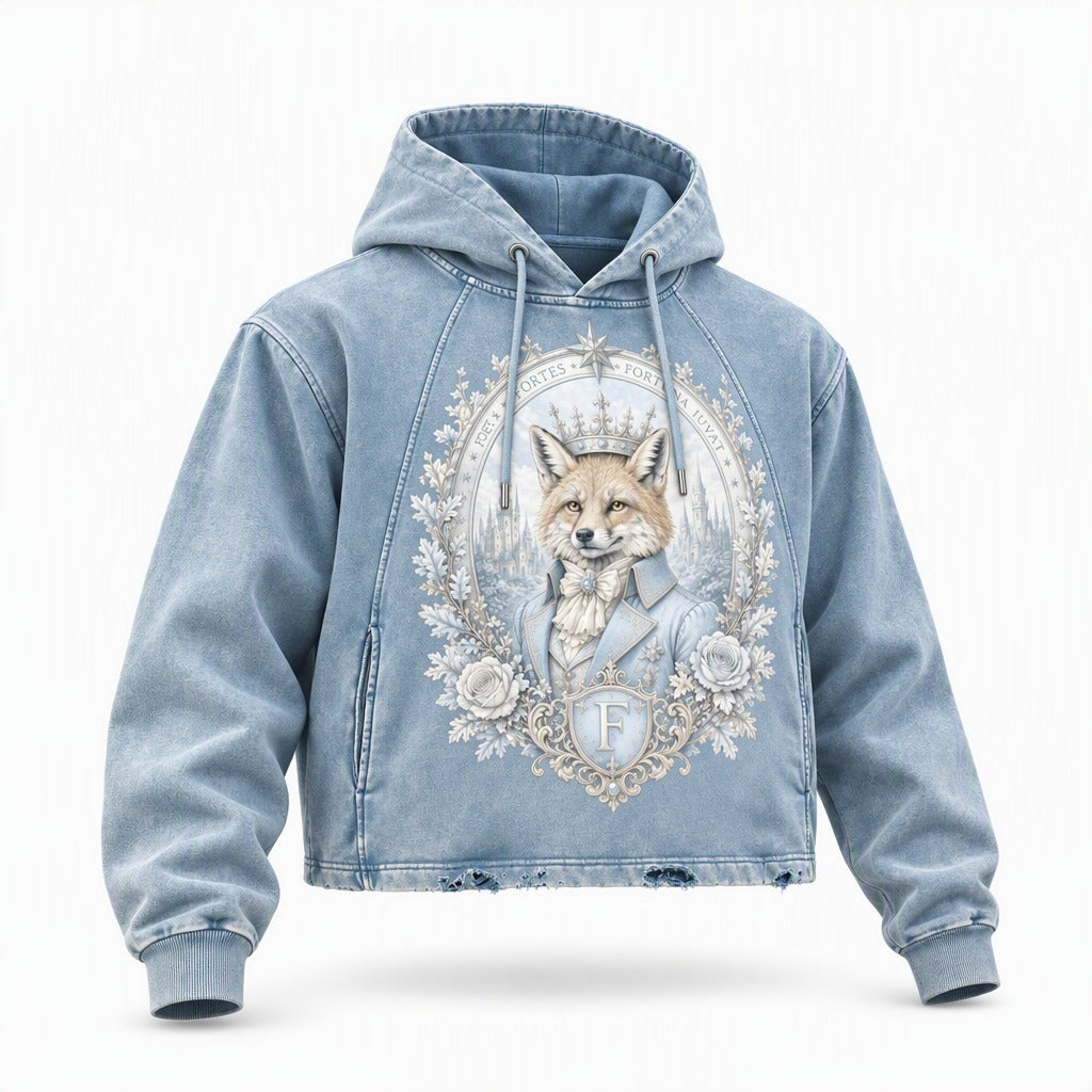 Blue Vintage-Washed Hoodie — Frayed-Hem Retro Streetwear