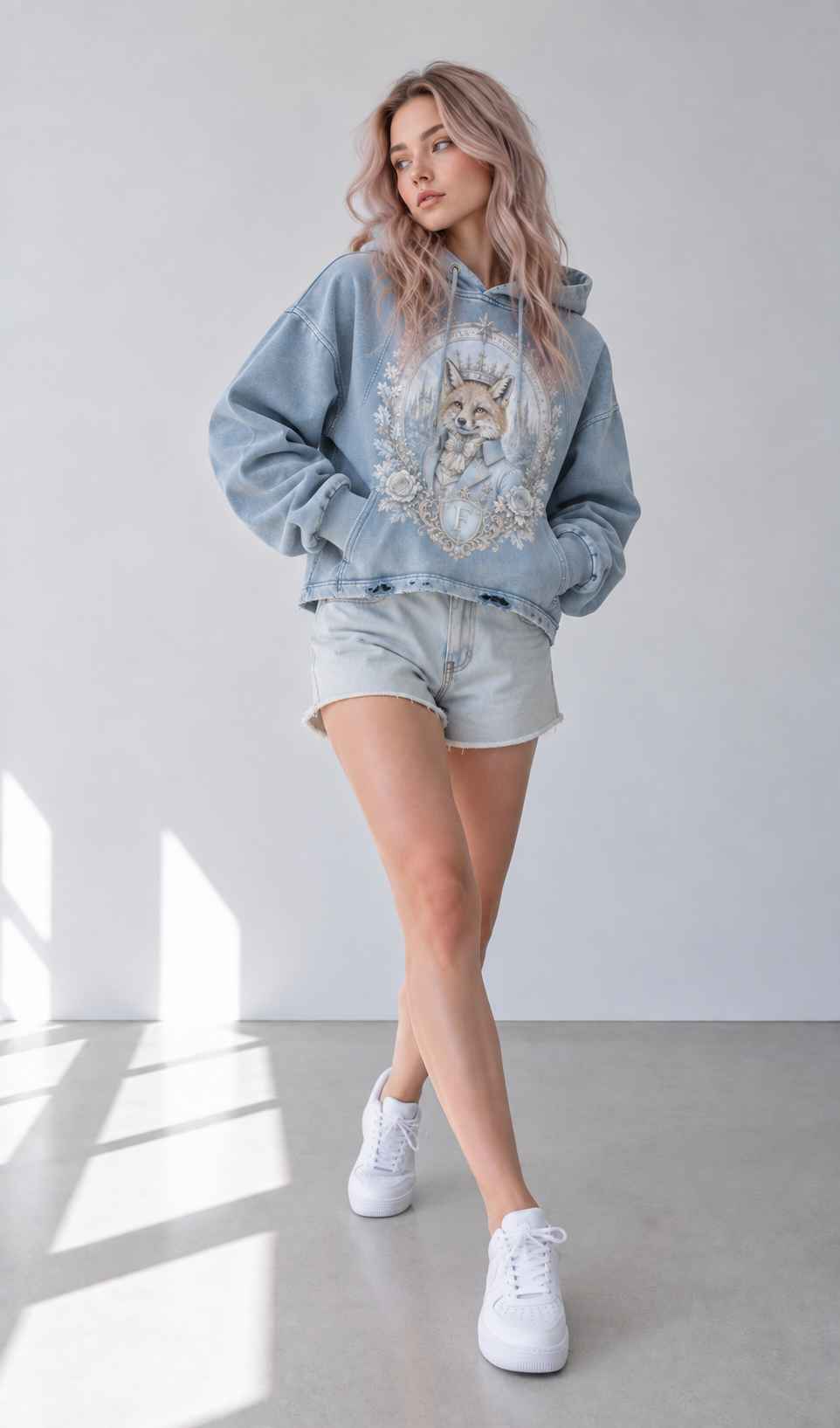 Blue Vintage-Washed Hoodie — Frayed-Hem Retro Streetwear