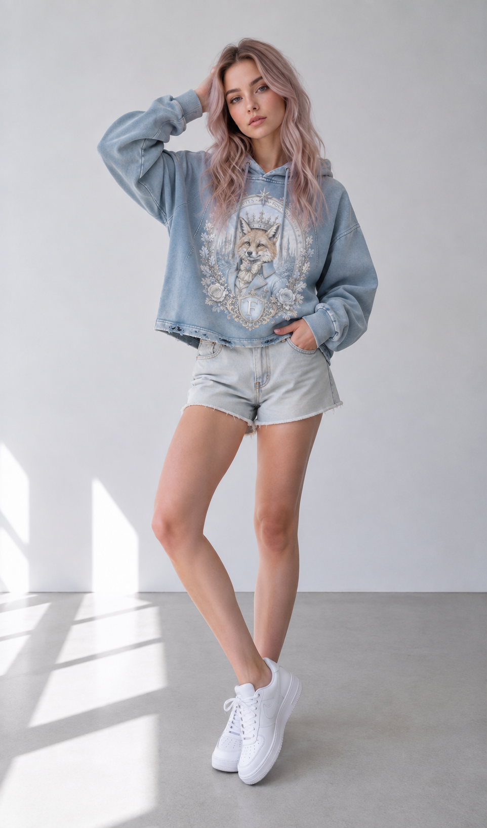 Blue Vintage-Washed Hoodie — Frayed-Hem Retro Streetwear