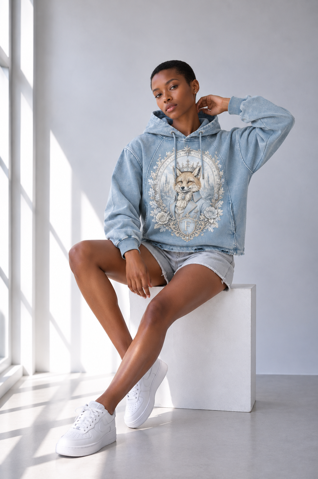 Blue Vintage-Washed Hoodie — Frayed-Hem Retro Streetwear