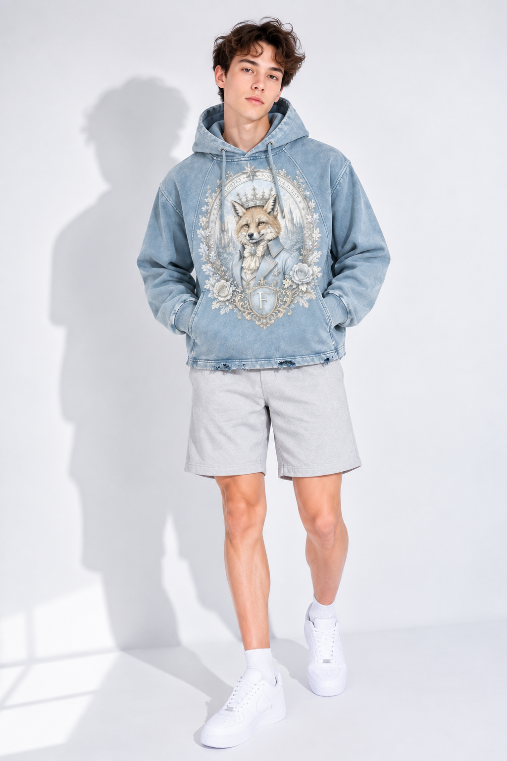 Blue Vintage-Washed Hoodie — Frayed-Hem Retro Streetwear