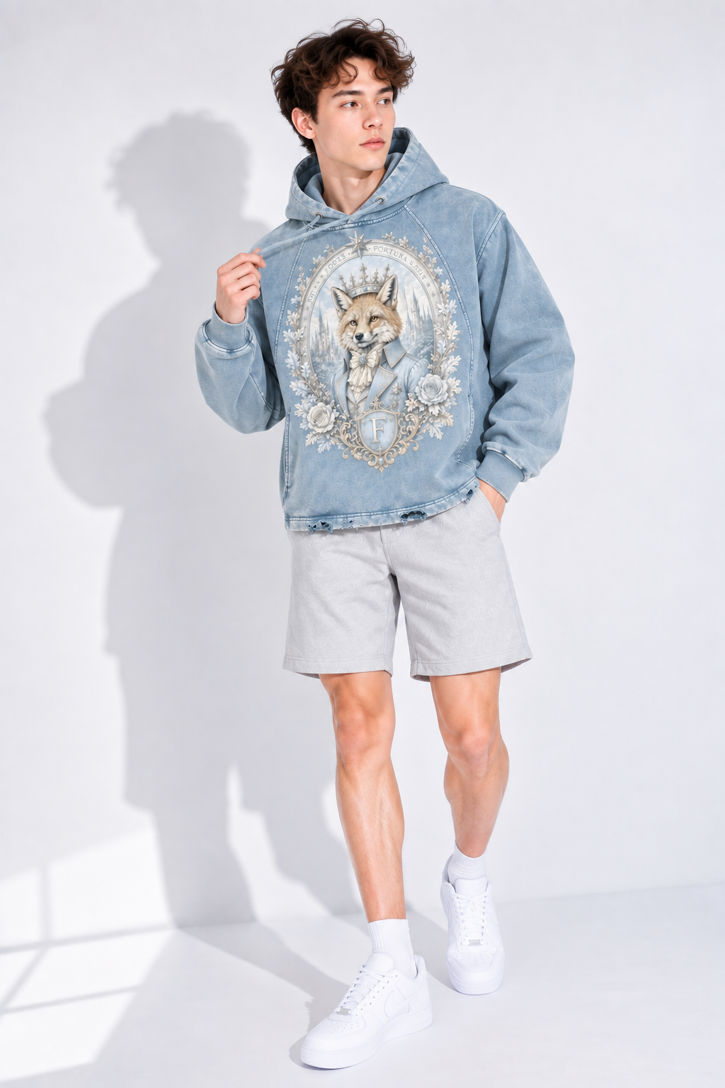 Blue Vintage-Washed Hoodie — Frayed-Hem Retro Streetwear