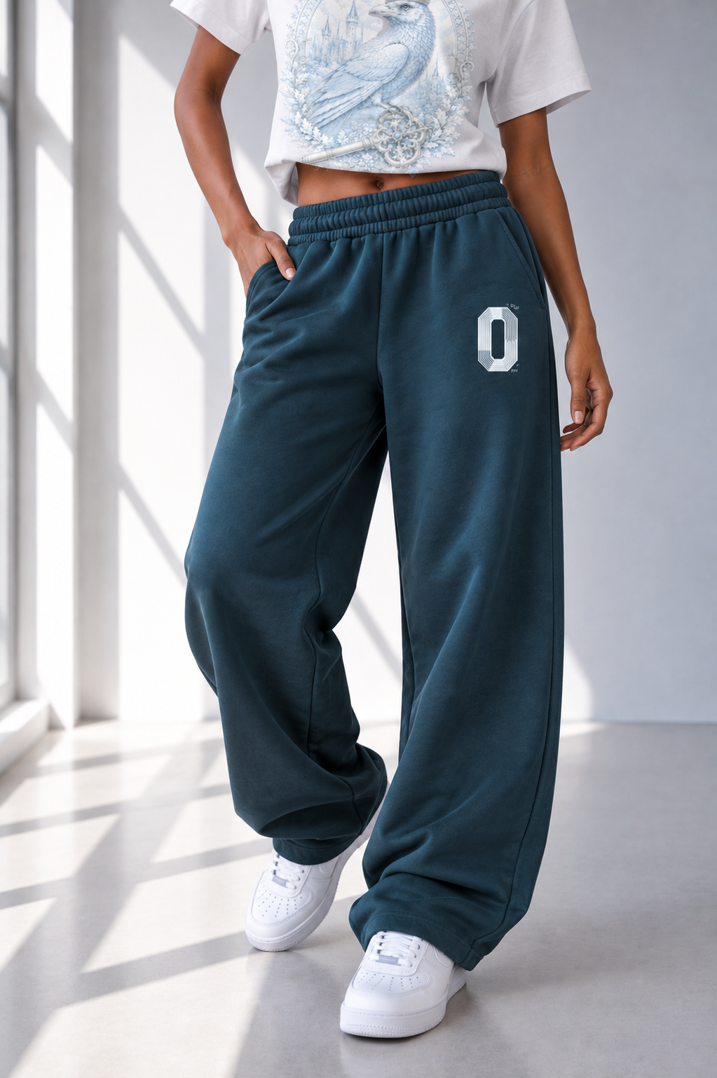 Navy Barrel-Leg Sweatpants — Retro Off-Duty Essential