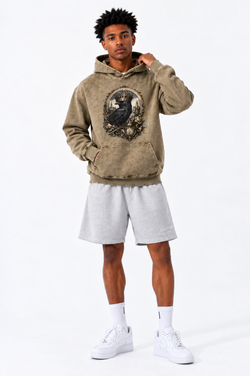 Brown Snow-Wash Frayed Heavyweight Hoodie — A Retro Streetwear Essential