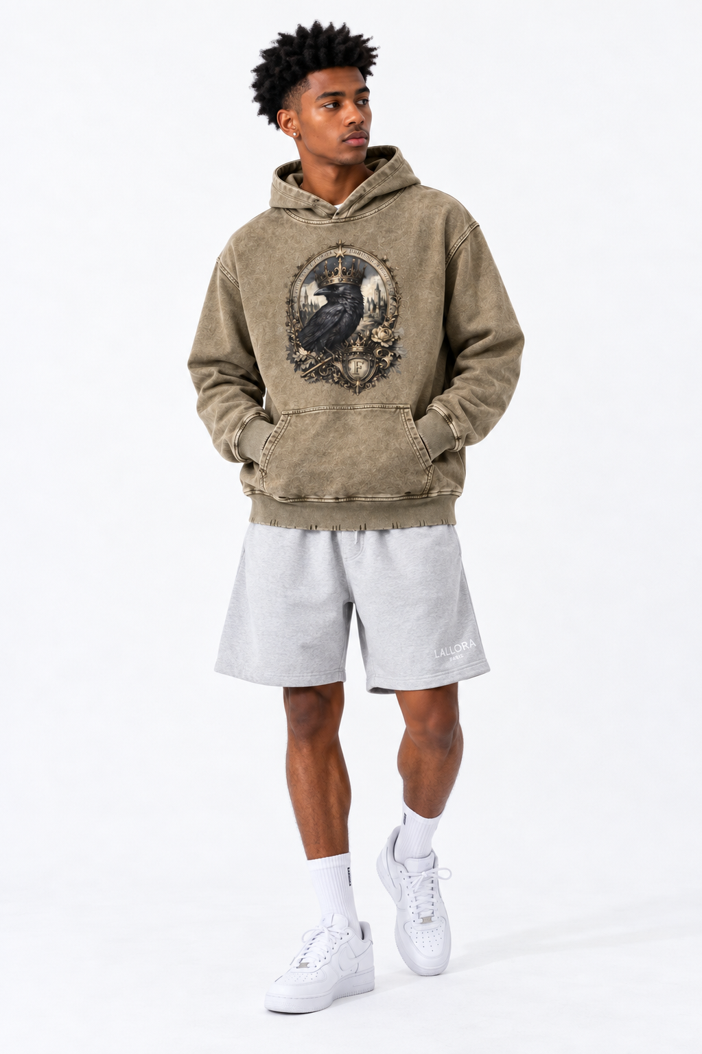 Brown Snow-Wash Frayed Heavyweight Hoodie — A Retro Streetwear Essential