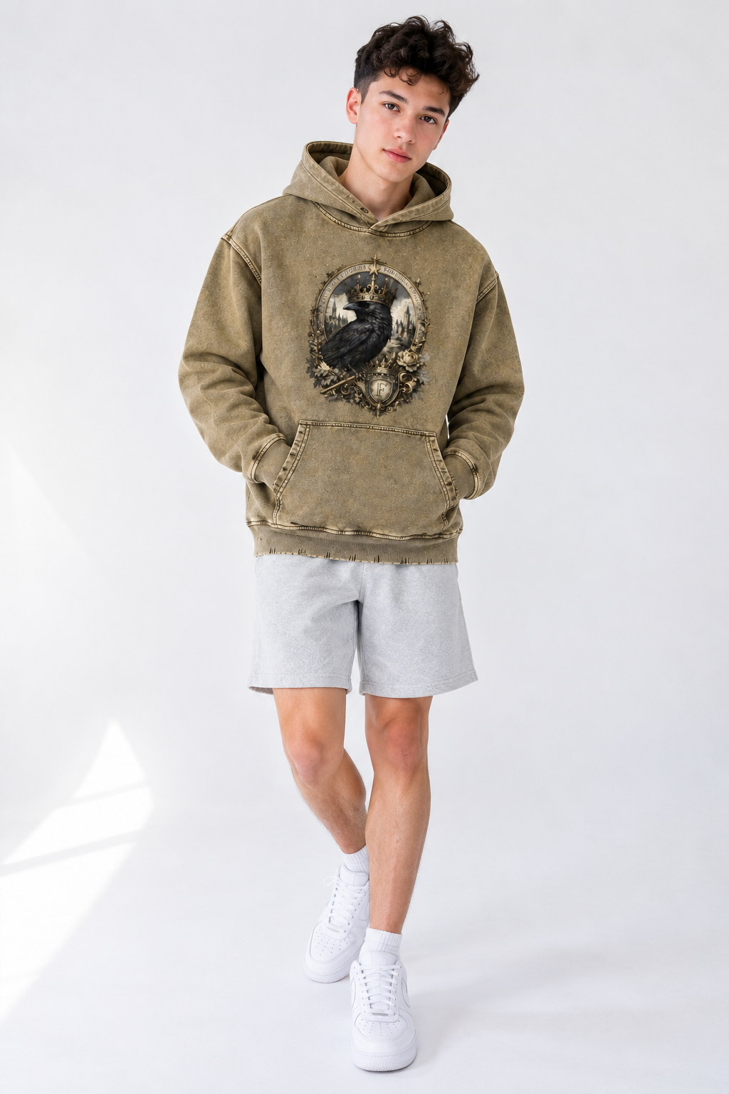Brown Snow-Wash Frayed Heavyweight Hoodie — A Retro Streetwear Essential