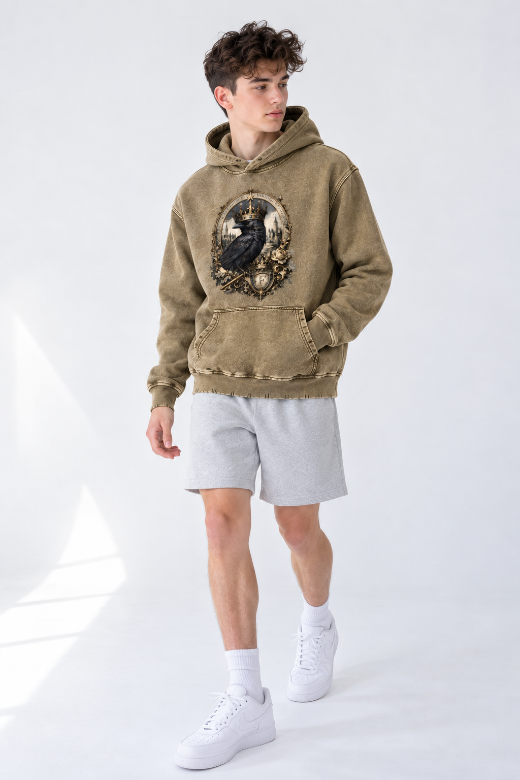 Brown Snow-Wash Frayed Heavyweight Hoodie — A Retro Streetwear Essential