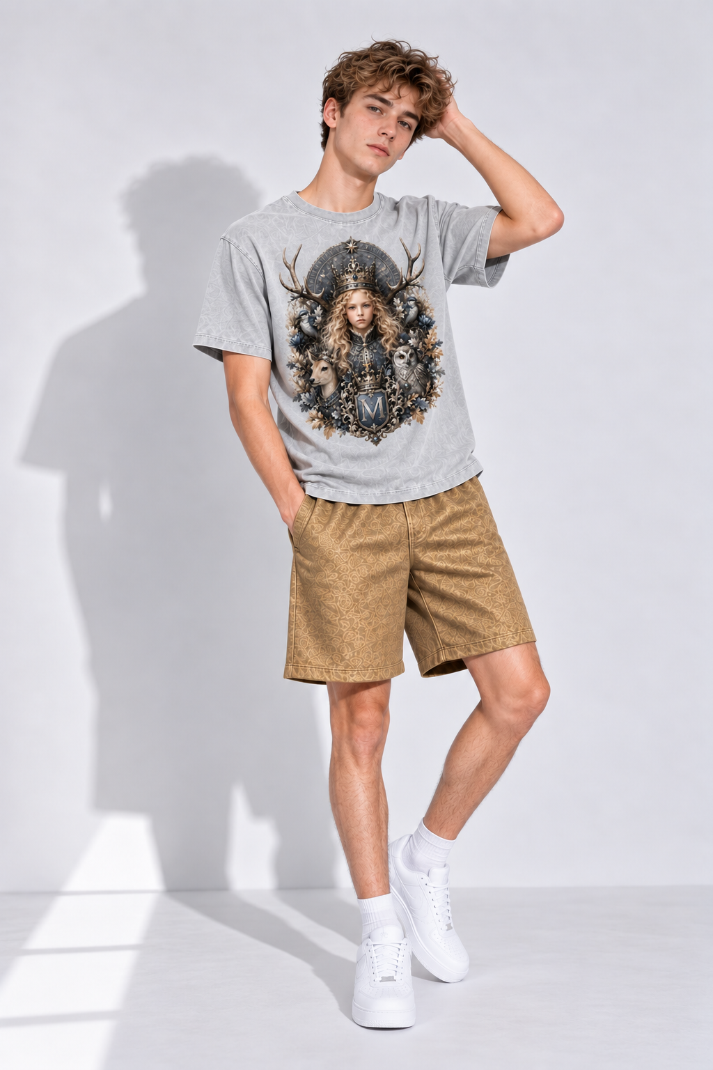 Light Gray Snow-Wash Cotton Tee — Oversized Drop-Shoulder Streetwear