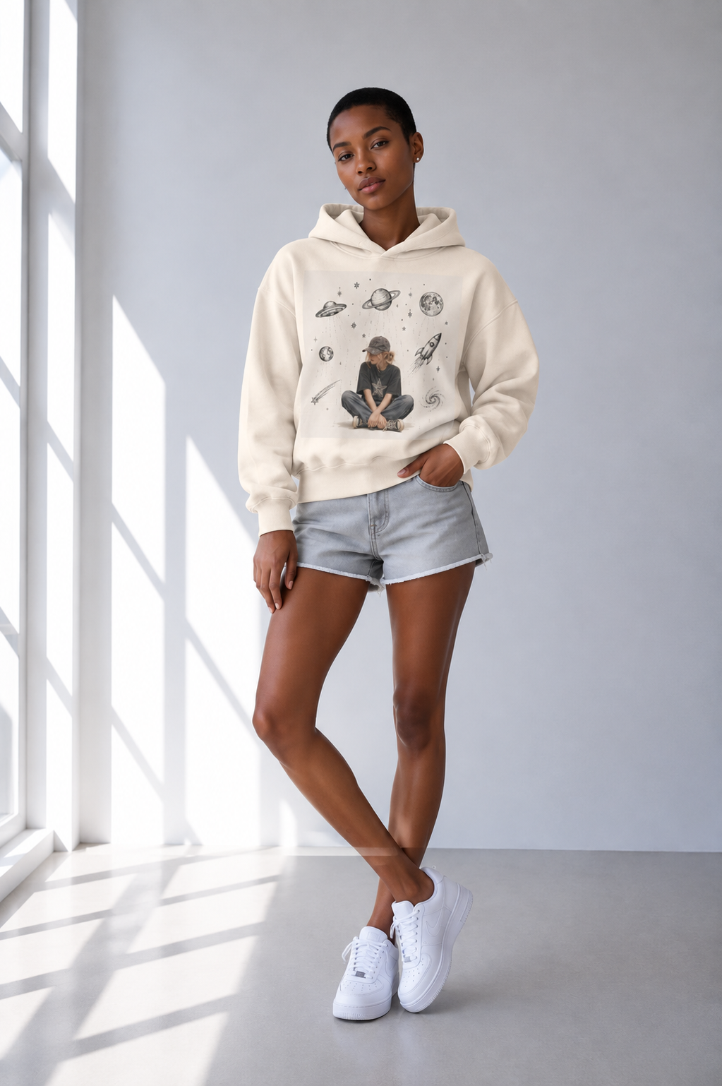 Sweat à capuche coupe carrée crème et abricot — Sport rétro, silhouette moderne