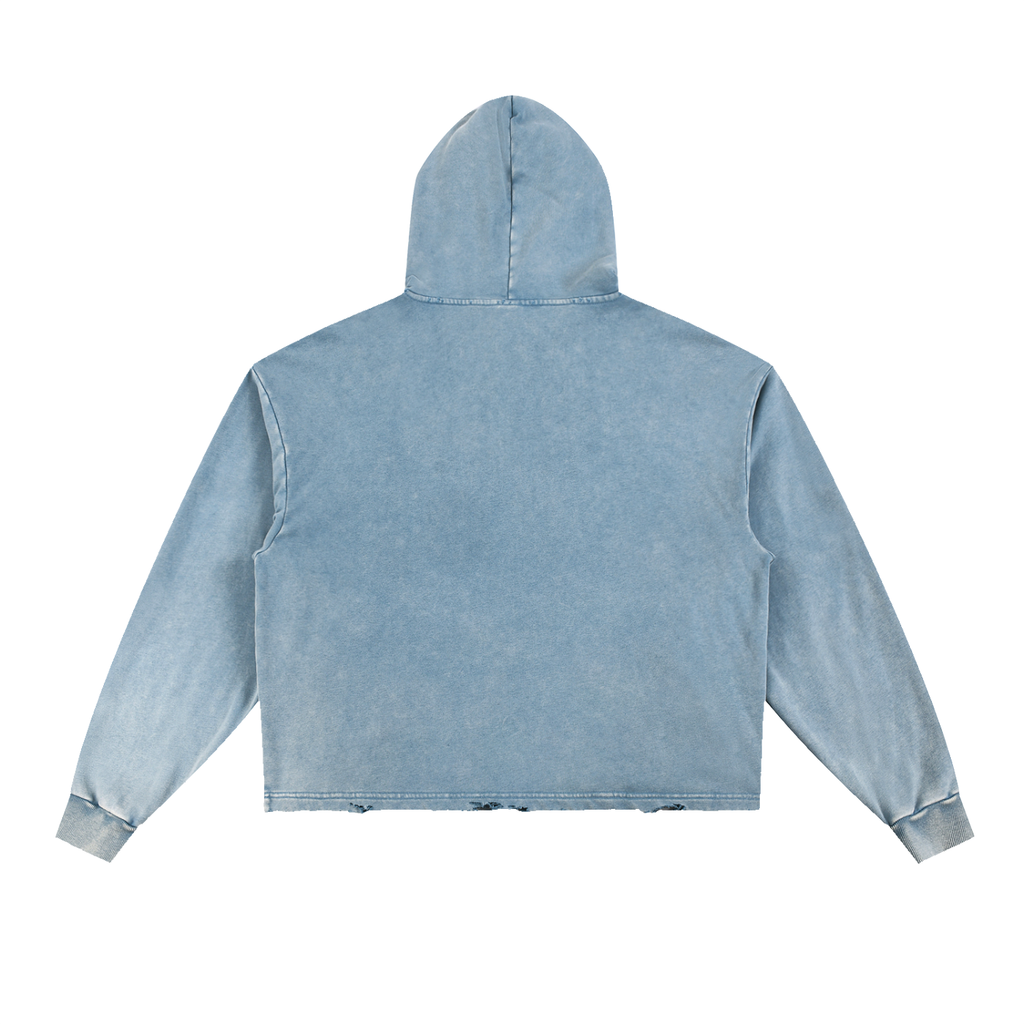 Blue Vintage-Washed Hoodie — Frayed-Hem Retro Streetwear