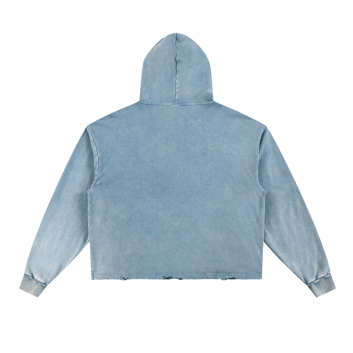 Blue Vintage-Washed Hoodie — Frayed-Hem Retro Streetwear